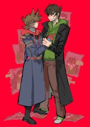  2boys animification antenna_hair bandaged_neck bandages beard_stubble belt black_boots black_coat black_sclera blue_coat boots brown_eyes brown_hair brown_pants burn_scar buttons coat colored_sclera corrupted_twitter_file cyborg double-breasted drawstring edd_(eddsworld) eddsworld eye_contact facial_hair flipped_hair from_side frown full_body future_edd_(eddsworld) grabbing_another's_arm green_hoodie green_shoes hair_ears height_difference highres hood hood_down hoodie kuangzihaixing lapels long_coat long_sleeves looking_at_another male_focus mature_male mechanical_arms military_coat military_uniform multiple_boys open_clothes open_coat pants profile prosthesis prosthetic_arm red_belt red_eyes red_hoodie red_leader_(eddsworld) scar shoes short_hair shoulder_boards single_mechanical_arm sneakers standing stubble tord_(eddsworld) trench_coat wanted_poster 