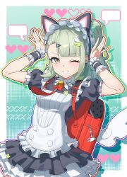  1girl absurdres animal_ear_hairband animal_ears aqua_background bell black_dress breasts cat_ear_hairband cat_ears commentary_request dress fake_animal_ears frilled_dress frilled_sleeves frills ghost_hair_ornament green_eyes green_hair green_nails hair_ornament hairband heart highres maid maid_headdress multiple_hair_clips neck_bell official_alternate_costume one_eye_closed parted_lips ponytail rabbit_pose red_bag shixi small_breasts smile solo sunna_(afternoon_tea_break)_(zenless_zone_zero) sunna_(zenless_zone_zero) triangle_hair_ornament upper_body white_wings winged_bag wings zenless_zone_zero 