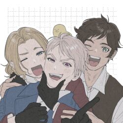  3boys animal_on_head axis_powers_hetalia bird bird_on_head blonde_hair blue_eyes blush brown_hair commentary_request facial_hair france_(hetalia) gloves goatee_stubble green_eyes grid_background jacket looking_at_viewer male_focus medium_hair momoka_(abc_momoka0718) multiple_boys on_head one_eye_closed open_mouth prussia_(hetalia) shirt short_hair spain_(hetalia) squeezing_cheeks stubble upper_body vest violet_eyes white_background white_hair 