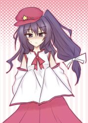  1girl blush bow bowtie breasts brown_hair closed_mouth commentary_request detached_sleeves ekbeui flat_cap hair_bow hat hat_ornament highres korean_commentary label_girl_(dipp) long_sleeves looking_at_viewer one_side_up red_bow red_bowtie red_hat red_skirt shirt skirt sleeveless sleeveless_shirt sleeves_past_fingers sleeves_past_wrists small_breasts solo star_(symbol) star_hat_ornament sweatdrop touhou violet_eyes white_shirt wide_sleeves 