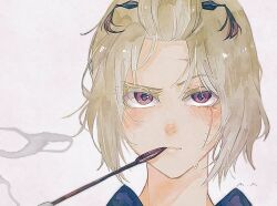  1girl black_kimono blonde_hair commentary_request gintama japanese_clothes kimono mmsb_551 scar scar_on_cheek scar_on_face smoking_pipe solo tsukuyo_(gintama) upper_body violet_eyes 