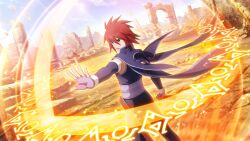  1boy artist_request belt brown_eyes cape casting_spell collared_cape commentary cowboy_shot day dirt english_commentary fingerless_gloves floating_cape game_cg gloves highres holding holding_sword holding_weapon kratos_aurion leggings magic medium_hair multiple_belts official_art open_mouth outdoors purple_belt purple_cape purple_gloves purple_leggings purple_trim red_hair rock ruins sheath solo spiky_hair standing sword tales_of_(series) tales_of_crestoria tales_of_symphonia third-party_source weapon 