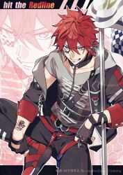  1boy amagi_rinne arm_tattoo artist_name belt belt_buckle black_belt black_gloves black_jacket black_pants black_shoes blue_eyes buckle chain collarbone crossed_bangs detached_collar earrings english_text ensemble_stars! facial_mark fingerless_gloves flag gloves grey_shirt grin hair_between_eyes highres holding holding_flag hood hood_down hooded_jacket jacket jewelry long_sleeves looking_at_viewer lunapont male_focus multicolored_shoes off_shoulder open_clothes open_jacket pants print_shirt red_belt red_hair red_ribbon red_shoes ribbon shirt shoes short_hair short_sleeves sitting sleeve_cuffs smile solo t-shirt tattoo teeth two-tone_shoes v-shaped_eyebrows watermark zoom_layer 