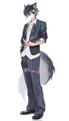  1boy animal_ears arichi_(ariarikiwami) arknights arknights:_endfield black_hair black_jacket black_pants black_shoes brown_eyes closed_mouth corrupted_twitter_file drumsticks extra_ears full_body highres holding holding_drumsticks jacket male_focus notched_ear open_clothes open_jacket pants shirt shoes short_hair solo tail very_short_hair watermark watermark_grid white_shirt wolf_boy wolf_ears wolf_tail wulfgard_(arknights) 