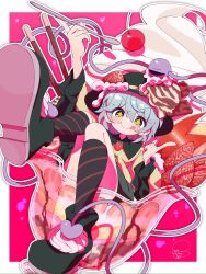  1girl black_boots black_socks boots cherry commentary cup food fruit green_eyes green_hair hair_between_eyes hat highres holding holding_spoon ice_cream ice_cream_spoon index_finger_raised komeiji_koishi licking_lips long_sleeves medium_hair pocky shirt sitting socks soesoe300 solo spoon star-shaped_pupils star_(symbol) strawberry symbol-shaped_pupils third_eye tongue tongue_out touhou yellow_shirt 