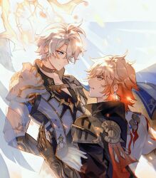  2boys antenna_hair arm_tattoo armlet armor back_tattoo black_choker black_coat black_shirt blonde_hair blue_cape blue_eyes cape choker clawed_gauntlets coat earrings floating_cape gold_earrings gold_necklace gradient_hair halo halo_behind_head hashtag-only_commentary highres honkai:_star_rail honkai_(series) jewelry male_focus medium_hair multicolored_hair multiple_boys mydei_(honkai:_star_rail) neck_tattoo necklace open_clothes open_coat parted_bangs pauldrons phainon_(honkai:_star_rail) red_cape red_hair red_tattoo shirt short_hair shoulder_armor side_capelet single_pauldron sorane_hexi sun_symbol sun_tattoo sweatdrop tattoo two-sided_cape two-sided_fabric white_coat white_hair yellow_cape yellow_eyes 