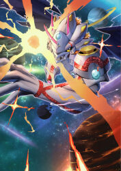  1boy armor black_wings blonde_hair cinamon_(cinamon595652) clenched_hand commentary_request digimon digimon_(creature) dragon electricity horns short_hair siriusmon solo space white_armor wings yellow_eyes 