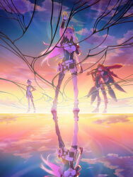  3girls absurdres ahoge arm_up armored_leotard black_jacket black_thighhighs blue_eyes clouds cloudy_sky commentary_request different_reflection dress fu_hua fu_hua_(phoenix) full_body heterochromia highres holding holding_sword holding_weapon honkai_(series) honkai_impact_3rd huge_weapon jacket kiana_kaslana kiana_kaslana_(void_drifter) leotard multiple_girls murata_himeko murata_himeko_(vermillion_knight) niangao_yi_mei outdoors red_hair reflection single_thighhigh sky standing sunset sword thigh-highs water weapon white_dress white_hair yellow_eyes 
