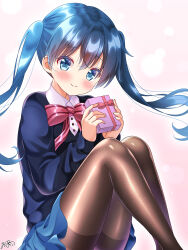  1girl absurdres birthday blue_cardigan blue_eyes blue_hair blue_skirt blush bow bowtie box brown_pantyhose cardigan collared_shirt commentary_request feet_out_of_frame floating_hair gift gift_box highres holding holding_gift kin-iro_mosaic knees knees_up komichi_aya legs long_hair long_sleeves looking_at_viewer miniskirt moegi_high_school_uniform pantyhose pink_background pink_bow pink_bowtie pleated_skirt school_uniform shiny_clothes shiny_legwear shirt signature simple_background sitting skirt smile solo sparkle striped_bow striped_bowtie striped_clothes twintails white_shirt winter_uniform yu-ka0919 