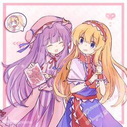  2girls :d ^_^ alice_margatroid alternate_hair_length alternate_hairstyle blonde_hair blue_dress blunt_bangs book bow capelet chinese_commentary closed_eyes commentary_request commission cowboy_shot crescent crescent_hat_ornament dress fby1313133 frilled_hairband frills hair_bow hairband hat hat_ornament highres holding holding_book lolita_hairband long_hair mob_cap multiple_girls open_mouth patchouli_knowledge pointing purple_hair red_hairband sidelocks smile spoken_character striped_clothes striped_dress touhou translation_request vertical-striped_clothes vertical-striped_dress very_long_hair violet_eyes white_capelet 