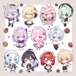  3boys 6+girls aglaea_(honkai:_star_rail) alternate_hairstyle anaxa_(honkai:_star_rail) animal_ears apron aqua_eyes aqua_hair asymmetrical_legwear black_boots black_bow black_dress black_hair black_shoes black_thighhighs blonde_hair blue_eyes blue_hair boots bow braid bright_pupils bug butterfly castorice_(honkai:_star_rail) cat_ears cat_girl cerydra_(honkai:_star_rail) chibi chibi_only chocolate chrysos_heirs_(honkai:_star_rail) cipher_(honkai:_star_rail) closed_mouth colored_inner_hair commentary cross-shaped_pupils cyrene_(demiurge)_(honkai:_star_rail) cyrene_(honkai:_star_rail) dress dress_bow earrings english_commentary enmaided flower food fruit gradient_hair green_eyes grey_hair hair_flower hair_ornament high_ponytail highres honkai:_star_rail honkai_(series) hyacine_(honkai:_star_rail) hysilens_(honkai:_star_rail) index_finger_raised jewelry little_ica_(honkai:_star_rail) long_hair long_sleeves looking_at_viewer maid maid_headdress mismatched_legwear multicolored_hair multiple_boys multiple_girls mydei_(honkai:_star_rail) one_eye_closed open_mouth pantyhose parted_lips phainon_(honkai:_star_rail) pink_dress pink_hair ponytail purple_butterfly purple_hair red_bow red_hair shoes short_hair short_sleeves sitting smile socks standing strawberry striped_clothes striped_thighhighs symbol-shaped_pupils taya_oco thigh-highs tribbie_(honkai:_star_rail) uneven_legwear violet_eyes white_apron white_bow white_hair white_pantyhose white_pupils white_socks white_thighhighs white_wrist_cuffs wings wrist_cuffs 