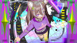  1girl absurdres ahoge animal_ears black_skirt breasts brown_hair commentary commission cropped_shirt crossed_bangs hair_between_eyes hair_ornament hairclip heart highres jewelry long_hair long_sleeves looking_at_viewer midriff multicolored_hair navel open_mouth purple_shirt ring shirt signal_1120 skeb_commission skirt small_breasts smile solo streaked_hair triangle_hair_ornament violet_eyes white_streaks 