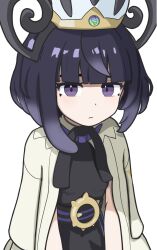  1girl black_dress black_hair black_ribbon blunt_bangs chiisana_mahou closed_mouth coat coat_on_shoulders commentary dress expressionless grey_eyes gwynn_(pokemon) hat highres medium_hair neck_ribbon pokemon pokemon_legends:_z-a ribbon simple_background solo white_background white_hat 