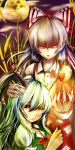  2girls angry bamboo bamboo_forest bangs black_sclera blood bow bowtie brown_horns closed_mouth clouds collared_shirt colored_sclera commentary_request cowboy_shot crying crying_with_eyes_open ex-keine fire forest fujiwara_no_mokou full_moon green_hair hair_bow hand_on_another&#039;s_head highres horns jonasan_(bad-t) kamishirasawa_keine long_hair long_sleeves looking_at_viewer moon multiple_girls nature night ofuda ofuda_on_clothes open_mouth pants purple_sky pyrokinesis red_bow red_bowtie red_eyes red_pants shirt tears touhou very_long_hair white_bow white_hair white_shirt 