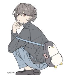 1girl backpack bag bang_dream! bang_dream!_it's_mygo!!!!! black_bag black_jacket black_shoes blue_pants braid brown_eyes brown_hair from_side full_body guagua977 hand_on_own_chin hand_up highres jacket long_sleeves looking_at_viewer pants penguin_bag shoes short_hair simple_background solo squatting takamatsu_tomori twitter_username white_background 