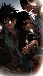  2boys ace_of_diamond black-framed_eyewear black_hair black_jacket brown_necktie closed_eyes closed_mouth collared_shirt glasses head_on_another's_shoulder highres jacket looking_at_another male_focus miyuki_kazuya multiple_boys necktie nian_rt rectangular_eyewear red_necktie sawamura_eijun shirt short_hair sitting smile white_shirt 