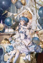  2girls artist_request balloon bang_dream! bang_dream!_it's_mygo!!!!! blonde_hair blue_hair bouquet bridal_gauntlets bridal_veil cake clock commission confetti couch dress flower food highres holding holding_bouquet hug hug_from_behind indoors long_hair medium_hair misumi_uika multiple_girls night rose second-party_source sitting smile stuffed_animal stuffed_dog stuffed_octopus stuffed_toy tiara togawa_sakiko veil violet_eyes wedding_dress wife_and_wife yellow_eyes yuri 