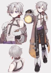  1boy :o black_boots black_gloves black_pants blue_eyes boots chest_harness closed_mouth coat detached_sleeves earrings facing_away from_behind fur-trimmed_coat fur-trimmed_sleeves fur_trim genshin_impact gloves grey_background grey_coat grey_hair hair_between_eyes hand_up harness highres holding holding_lantern illuga_(genshin_impact) jewelry knee_pads lantern lapels leg_warmers long_sleeves looking_at_viewer male_focus mole mole_under_eye multicolored_hair multiple_views off_shoulder open_clothes open_coat open_mouth pants parted_bangs purple_sash red_hair ribbed_sleeves ribbed_sweater sash short_hair simple_background single_earring sleeveless sleeveless_sweater soto sweater turtleneck turtleneck_sweater two-tone_hair upper_body vision_(genshin_impact) white_leg_warmers white_sleeves white_sweater 