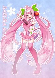  1girl absurdres asteroid_stella bare_shoulders blush boots breasts character_name cherry_blossom_print cherry_hair_ornament collared_shirt commentary_request dango detached_sleeves floral_print food food-themed_hair_ornament full_body hair_ornament hatsune_miku headset highres holding holding_food long_hair long_sleeves looking_at_viewer medium_breasts miniskirt necktie official_alternate_costume open_mouth pink_boots pink_eyes pink_hair pink_necktie pink_skirt pink_sleeves pleated_skirt sakura_miku sanshoku_dango shirt skirt sleeveless sleeveless_shirt smile solo thick_thighs thigh_boots thighs twintails very_long_hair vocaloid wagashi wide_sleeves zettai_ryouiki 