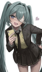  1girl absurdres aqua_hair blue_eyes blush blush_stickers box brown_eyes brown_jacket brown_necktie brown_skirt collared_shirt commentary_request cowboy_shot double-parted_bangs eyepatch gabang green_hair hair_between_eyes hair_intakes hand_on_own_hip hatsune_miku highres holding holding_phone jacket long_hair looking_at_viewer medical_eyepatch miniskirt monitoring_(vocaloid) necktie open_clothes open_jacket open_mouth phone pleated_skirt red_ribbon ribbon shirt simple_background skirt solo sweater teeth tie_clip twintails upper_teeth_only valentine vocaloid white_background wing_collar yellow_sweater 