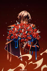 1boy absurdres ayn_alwyn belt_buckle black_cape black_hair black_skirt blue_ribbon bouquet buckle cape chinese_commentary commentary_request covered_mouth cropped_torso facing_viewer fire flower frilled_sleeves frills gradient_background hair_between_eyes highres holding holding_bouquet light_particles long_sleeves lovebrush_chronicles male_focus monocle red_background red_flower red_rose ribbon rose short_hair skirt sleeve_cuffs solo straight-on tassel watermark weibo_watermark ya_ji_zhou 