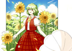  1girl absurdres blue_sky border clouds commentary dorupi english_commentary falling_petals field flower flower_field green_hair highres kazami_yuuka looking_at_viewer medium_hair petals red_eyes red_skirt red_vest skirt sky solo sunflower sunflower_field touhou vest white_border yellow_flower 