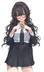  1girl akasaai black_jacket black_necktie black_skirt brown_hair commentary_request cowboy_shot dress_shirt fangs glasses green_eyes highres jacket long_hair looking_at_viewer loose_necktie necktie open_collar open_mouth original own_hands_together shirt simple_background skirt solo straight-on suit_jacket thick_eyebrows wavy_hair white_background white_shirt 
