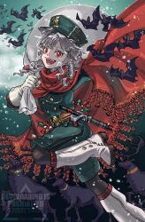  1girl :d bat_(animal) black_leggings boots cape fangs foot_out_of_frame gloves green_hat green_jacket green_shorts green_sky grey_hair hat highres holding holding_sack i_(220_i_284) jacket leg_up leggings medium_hair open_mouth peaked_cap red_cape red_eyes red_scarf reindeer reverse:1999 rubuska running sack scarf shorts sky smile snowing solo teeth too_many too_many_bats watermark white_boots white_gloves 