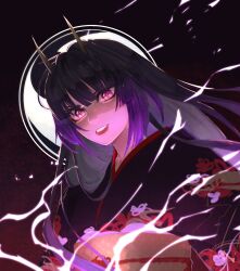  1girl alternate_costume alternate_universe blunt_bangs blurry bucumberr depth_of_field electricity english_commentary genshin_impact glowing glowing_eyes gradient_background hair_ornament head_tilt highres horns japanese_clothes kimono long_hair looking_at_viewer looking_to_the_side parted_lips purple_background purple_hair purple_kimono raiden_shogun red_lips sash shaded_face solo upper_body violet_eyes 