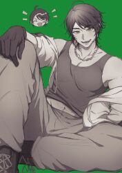  1boy axis_powers_hetalia blush brazil_(hetalia) chain chain_necklace chibi chibi_inset closed_eyes commentary_request feet_out_of_frame gloves green_background greyscale_with_colored_background highres jacket jewelry knee_up male_focus medium_hair midriff_peek muyuu_08 navel necklace open_mouth pants sharp_teeth simple_background sitting smile solo tank_top teeth 