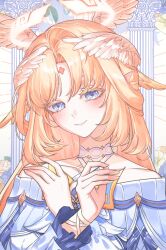  1girl bare_shoulders blonde_hair blue_eyes blush closed_mouth colored_eyelashes columbina_(genshin_impact) columbina_(genshin_impact)_(cosplay) cosplay cross-shaped_pupils dress english_commentary facial_mark feathered_wings forehead_mark frilled_sleeves frills genshin_impact halo hands_up head_wings highres long_hair long_sleeves looking_at_viewer nicole_reeyn pointy_ears smile solo symbol-shaped_pupils upper_body white_wings wings x_arms yuseol_art 