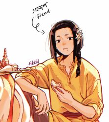  2girls arrow_(symbol) artist_name bengali_text bilingual_text black_hair black_pants braid bright_pupils commentary eating english_commentary english_text flower food food_on_face hair_flower hair_ornament highres holding holding_food knee_up long_hair mixed-language_text multiple_girls original pants parted_bangs side_braid sidelocks simple_background sitting sleeves_rolled_up solo_focus tikklil tunic white_background white_flower white_pupils yellow_tunic 