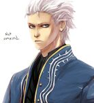  1boy blue_coat blue_eyes closed_mouth coat devil_may_cry_(series) devil_may_cry_3 english_text grey_background hair_slicked_back looking_at_viewer male_focus open_clothes open_coat royalcat simple_background solo upper_body vergil_(devil_may_cry) white_hair 