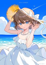  1girl absurdres beach bead_necklace beads bisho_imobing_hito blue_eyes commentary_request day dress haibara_ai hair_between_eyes hat highres jewelry looking_at_viewer meitantei_conan necklace ocean ribbon shore solo sun_hat upper_body white_dress white_ribbon 