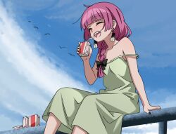  1girl absurdres arm_support bare_shoulders black_bow black_nails blue_sky blunt_bangs bocchi_the_rock! bow braid closed_eyes collarbone dress drink_carton earrings feet_out_of_frame ghuler green_dress hair_bow highres hiroi_kikuri holding holding_drink_carton jewelry long_hair on_railing open_mouth outdoors purple_hair railing sharp_teeth single_braid sitting sky smile solo strap_slip stud_earrings teeth upper_teeth_only 
