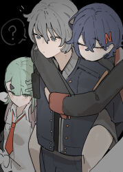 1boy 2girls ? azz0422 belle_(zenless_zone_zero) black_background black_shirt blue_hair blue_jacket blush brother_and_sister carrying closed_eyes closed_mouth commentary commentary_request crossed_bangs green_hair grey_hair hair_between_eyes hair_ornament highres jacket letter_hair_ornament multiple_girls multiple_hair_clips necktie piggyback pink_bag red_necktie shirt short_hair siblings simple_background spoken_question_mark sunna_(zenless_zone_zero) triangle_hair_ornament white_shirt wise_(zenless_zone_zero) zenless_zone_zero