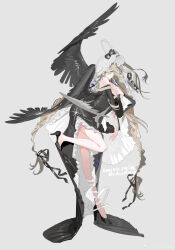  absurdres black_choker black_dress black_ribbon black_wings blonde_hair braid chinese_commentary choker commentary_request detached_sleeves dress frilled_dress frilled_sleeves frills grey_background hair_ribbon high_heels highres long_hair original ribbon simple_background sleeveless sleeveless_dress solardark09 standing standing_on_one_leg twin_braids veil very_long_hair violet_eyes watermark weibo_username weibo_watermark wings 