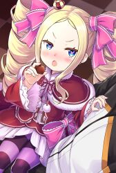  1boy 1girl :o beatrice_(re:zero) blonde_hair blue_eyes blush bow candy capelet checkered_floor chestnut_mouth chocolate crown dress drill_hair food frills fur-trimmed_capelet fur_trim hair_ribbon heart heart-shaped_chocolate heart-shaped_food heart-shaped_pupils holding holding_food jacket long_hair long_sleeves looking_at_viewer mini_crown natsuki_subaru nose_blush open_mouth pantyhose pink_ribbon pom_pom_(clothes) re:zero_kara_hajimeru_isekai_seikatsu red_capelet red_dress ribbon s_(hdru2332) sidelocks sitting sitting_on_lap sitting_on_person solo_focus striped_clothes striped_pantyhose symbol-shaped_pupils track_jacket twin_drills twintails v-shaped_eyebrows wide_sleeves 