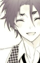  blue_lock blush close-up closed_eyes commentary english_commentary hakuho_high_school_uniform happy highres jacket light_blush male_focus mikage_reo neck necktie notjjbut open_mouth purple_hair school_uniform shirt short_hair smile solo solo_focus white_background 