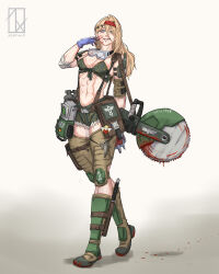  1girl abs absurdres alisa_krova armor artist_logo artist_name astra_militarum bag belt bikini blonde_hair blood blood_drip blood_on_face blood_on_ground blood_on_weapon boots breasts camouflage camouflage_bikini catachan_jungle_fighter chainsaw combat_boots combat_knife defibrillator fangs goggles goggles_around_neck grey_eyes headband highres imperial_aquila knife logo long_hair medical_gloves medium_breasts muscular muscular_female original oxygen_tank red_headband sanguinius smile strap swimsuit utility_belt warhammer_40k weapon zephart 