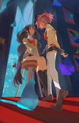  2girls akemi_homura arms_behind_back between_legs black_hair black_socks bow brown_shoes bug butterfly chair expressionless from_below full_body hair_ribbon hand_between_legs hashtag-only_commentary high_collar highres juliet_sleeves kaname_madoka lace-trimmed_shirt lace_trim long_hair long_sleeves looking_at_viewer mahou_shoujo_madoka_magica mahou_shoujo_madoka_magica_(anime) mitakihara_school_uniform multiple_girls on_chair open_door pink_hair plaid_clothes plaid_skirt puffy_sleeves ribbon school_uniform semi-rimless_eyewear shirt shoes short_hair short_twintails shru_(ss_sl99) sitting skirt smile socks standing sweater thigh-highs twintails violet_eyes white_thighhighs yellow_sweater zettai_ryouiki 