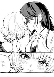  2girls bang_dream! bang_dream!_it's_mygo!!!!! bap_kore bare_shoulders blush collared_shirt earrings greyscale highres jewelry kaname_raana kiss korean_commentary long_hair medium_hair monochrome multiple_girls shiina_taki shirt smile speech_bubble tongue tongue_out translation_request yuri 