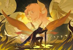  1boy abstract_background absurdres aglaea_(honkai:_star_rail) ahoge bird blood blood_on_ground blue_eyes chinese_commentary commentary_request cyrene_(honkai:_star_rail) cyrene_(philia093)_(honkai:_star_rail) dogebot from_side hair_ornament highres holding holding_sword holding_weapon honkai:_star_rail honkai_(series) kneeling male_focus mydei_(honkai:_star_rail) phainon_(honkai:_star_rail) pink_hair shade sword too_many too_many_birds tribbie_(honkai:_star_rail) wavy_hair weapon wings yellow_background yellow_blood 