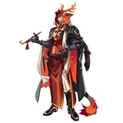  1boy animal_ears arknights black_coat black_gloves black_pants black_shoes chinese_clothes coat coat_on_shoulders dragon_boy dragon_horns dragon_tail full_body furry furry_male gloves holding holding_smoking_pipe horns kiseru kuroblood long_sleeves looking_at_viewer male_focus multicolored_hair necktie official_art orange_hair pants piercing red_hair round_eyewear shirt shoes simple_background smoking_pipe solo standing tail tassel third-party_source wei_yenwu_(arknights) white_background 