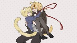  1boy 1girl animal_collar animal_ears black_pantyhose blonde_hair blue_eyes brown_jacket carrying cat_ears cat_girl cat_tail collar daydream_(shyou_yu) dog_boy dog_ears dog_tail fate/strange_fake fate_(series) glasses highres jacket kemonomimi_mode leash loafers multicolored_hair pantyhose polka_dot polka_dot_background princess_carry richard_i_(fate) sajou_ayaka_(fate/strange_fake) shoes short_hair simple_background smile streaked_hair tail two-tone_hair 