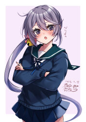  1girl akebono_(kancolle) bell blue_skirt commentary_request crossed_arms flower hair_bell hair_between_eyes hair_flower hair_ornament highres jingle_bell kantai_collection long_hair long_sleeves mashiro_yukiya miniskirt pleated_skirt purple_hair school_uniform side_ponytail skirt solo very_long_hair violet_eyes 
