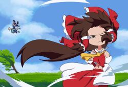  2girls ascot bare_shoulders blown_away blue_hair blue_skirt blue_sky bow brown_hair canni_can chest_sarashi cirno clouds detached_sleeves floating_hair frilled_bow frilled_hair_tubes frills hair_bow hair_tubes hakurei_reimu half-closed_eye highres ice ice_wings long_hair long_sleeves midriff multiple_girls navel one_eye_closed outdoors ponytail red_bow red_skirt red_vest sarashi skirt sky touhou tree vest white_sleeves wide_sleeves wind wings yellow_ascot 