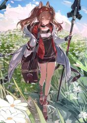  1girl absurdres angelina_(arknights) animal_ear_fluff animal_ears arknights black_gloves black_shoes black_shorts black_socks blue_sky breasts brown_hair bug butterfly clouds coat collarbone daisy_(flower) day dot_nose earpiece field floating_clothes floating_hair flower flower_field fox_ears fox_girl full_body gloves hair_between_eyes hairband highres holding holding_staff infection_monitor_(arknights) jacket kneehighs long_hair long_sleeves looking_at_viewer material_growth meadow medium_breasts multicolored_hairband off_shoulder open_clothes open_coat open_jacket orange_eyes oripathy_lesion_(arknights) outdoors poxiao_buff red_hairband red_jacket ripples shoes short_shorts shorts sky smile sneakers socks solo solo_focus staff standing standing_on_liquid striped_clothes striped_hairband twintails two-tone_hairband white_coat white_flower 