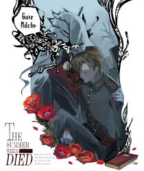  2boys absurdres belt blonde_hair carrying charon_(reverse:1999) closed_eyes coat covered_face eberhard_braun english_text flower german_text grey_coat grey_jacket grey_pants highres jacket klepon military_uniform multiple_boys notebook pants poppy_(flower) princess_carry red_flower reverse:1999 sam_browne_belt short_hair speech_bubble upper_body veil white_background white_veil 