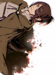  1other absurdres artist_name bolo_tie brown_eyes brown_hair cloak collared_shirt commentary_request eyepatch from_side glasses green_cloak hange_zoe highres korean_commentary looking_at_viewer null_(skev7724) other_focus rectangular_eyewear shingeki_no_kyojin shirt short_hair simple_background solo torn_cloak torn_clothes upper_body white_background white_shirt 